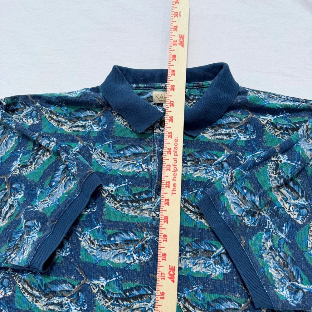 Vintage Kahala Hawaiian Polo Shirt Mens Large Blue Marlin Cafe AOP Cotton Fish